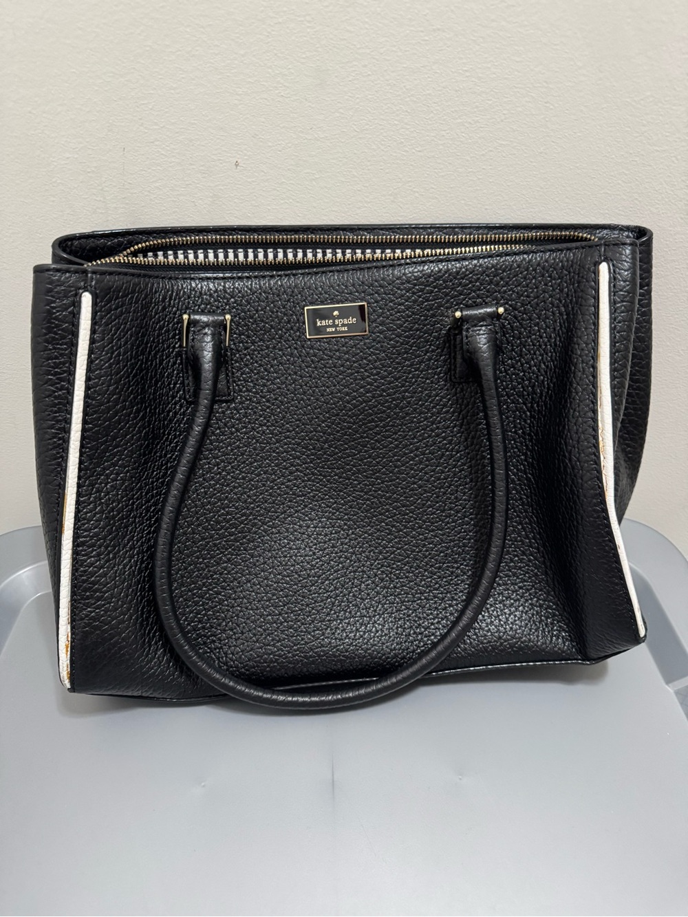 kate spade Black Pebbled Leather Tote with White Trim and Gold Hardware